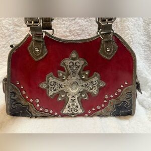 Red Embellished Cross Accent Satchel - Women Bags